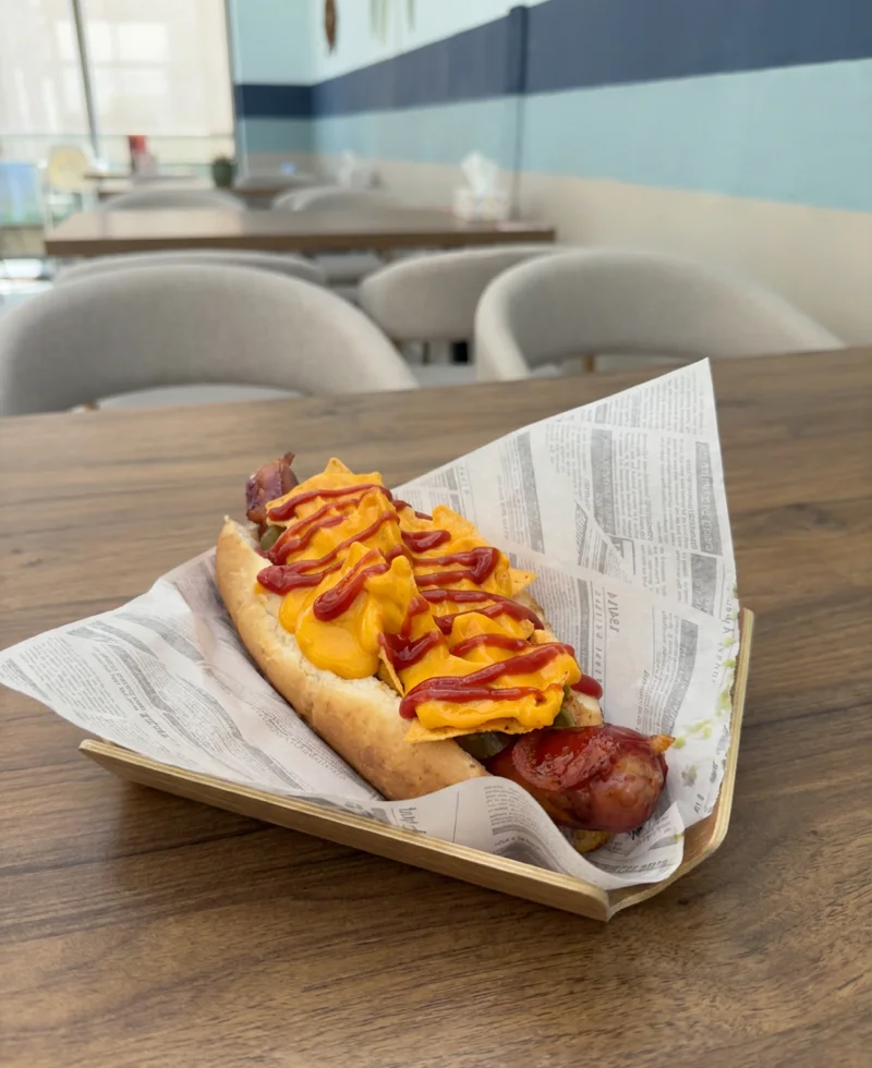 Hot Dog mit Käsesoße und Ketchup im Holzschälchen auf dem Tisch im Lokal