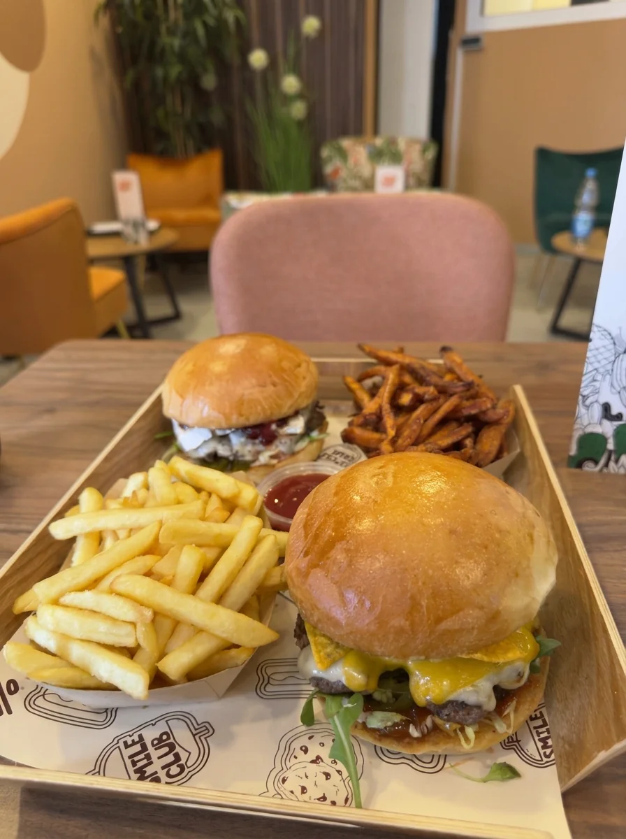 Zwei Burger mit Pommes und Suesskartoffel-Pommes auf einem Smile-Club-Tablett im Restaurant in Bruchsal