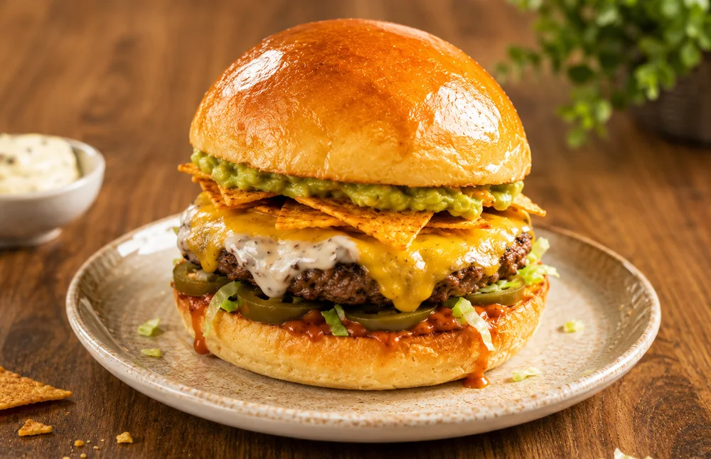 Burger mit Cheddar und Jalapeños auf dem Teller