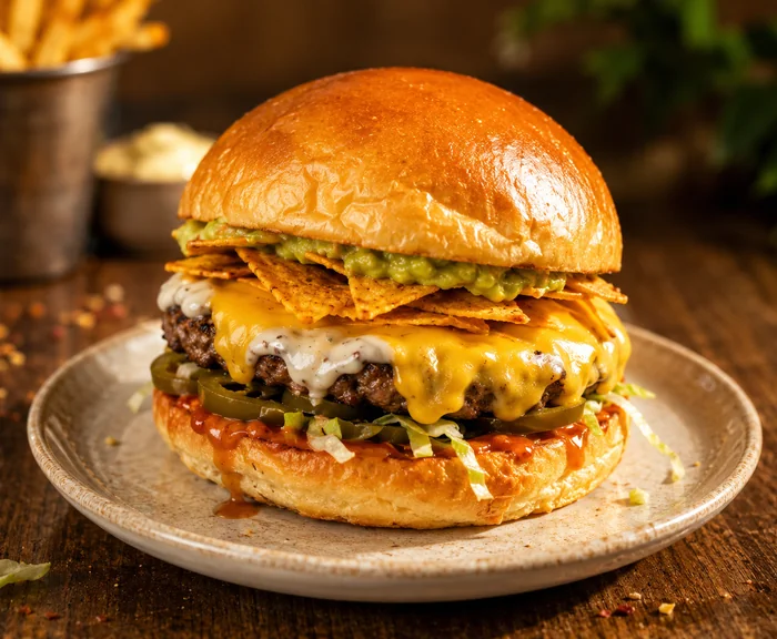 Burger mit Patty und geschmolzenem Käse auf dem Teller